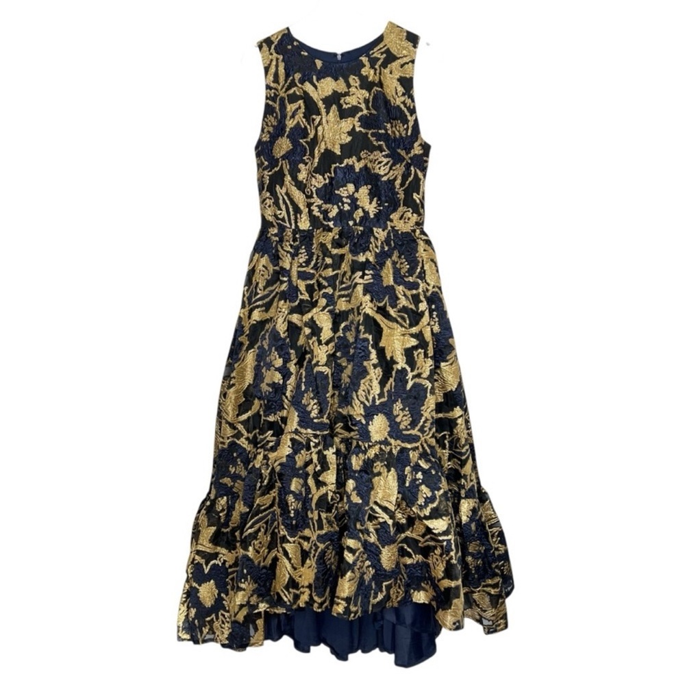 NEW NWT Mac Duggal Cocktail Dress Gown Blue Gold Brocade Size 10 Ruffle - Picture 4 of 15